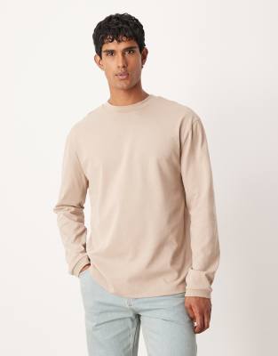 Schweres, langärmliges Relaxed-Fit-T-Shirt in Beige mit Bündchen-Neutral Neutral S