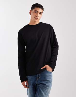 Schweres, langärmliges Relaxed-Fit-T-Shirt in Schwarz Schwarz XS