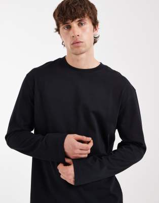 Schweres, langärmliges Relaxed-Fit-T-Shirt in Schwarz Schwarz XL