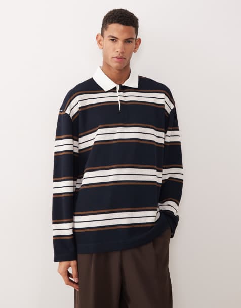 ASOS DESIGN – Schweres, langärmliges Rugby-Polohemd mit Oversize-Passform und Streifen in Marineblau und Braun - view 1