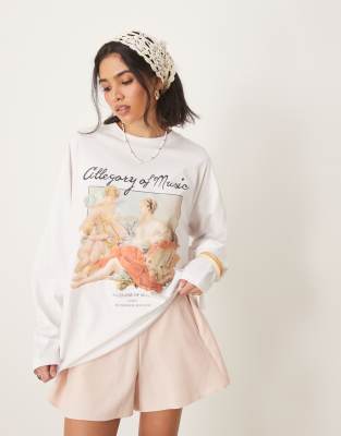 ASOS DESIGN - Schweres, langärmliges Skatershirt in Weiß mit lizenzierter National-Gallery-Grafik