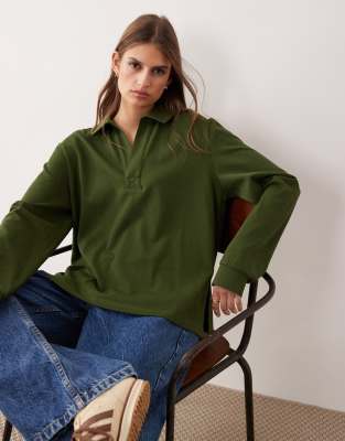 ASOS DESIGN - Schweres, langärmliges T-Shirt in Grün mit Rugby-Kragen