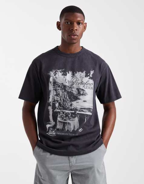 ASOS DESIGN – Schweres, locker geschnittenes T-Shirt in verwaschenem Schwarz mit szenischem Grafikprint - view 1