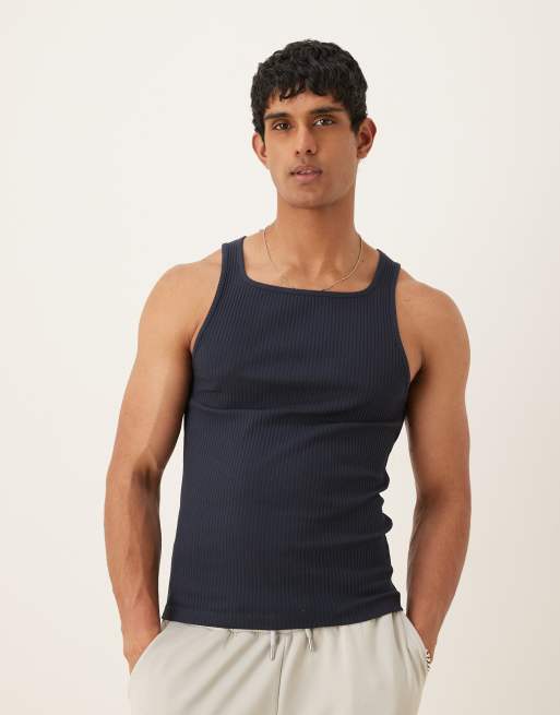 ASOS DESIGN – Schweres Muskel-Trägertop in Marineblau aus Rippstrick mit eckigem Ausschnitt