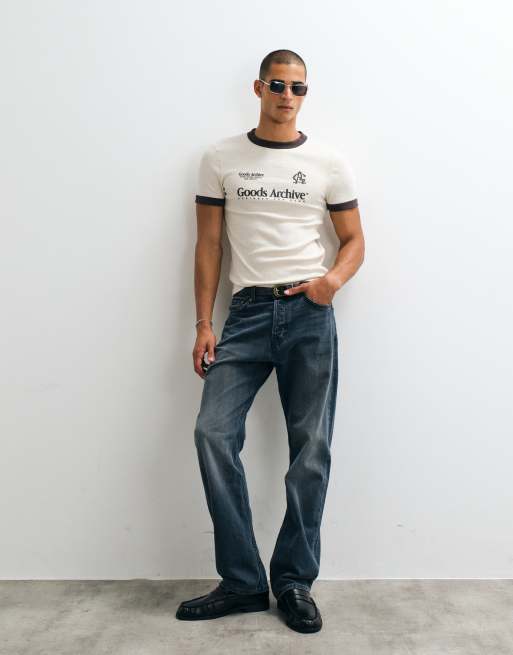 ASOS DESIGN schweres Muskelshirt im Ringer-Stil mit Grafik in Hafer-Rippstrick, 2 von 5