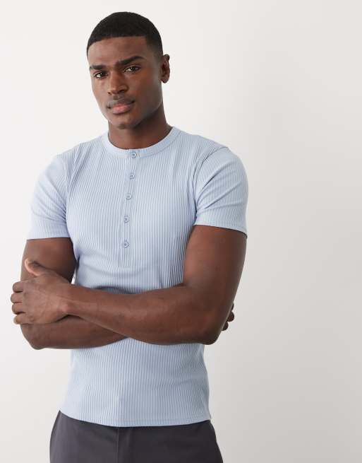 ASOS DESIGN schweres Muskelshirt mit Henley-Ausschnitt in blauem Rippstrick, 3 von 5
