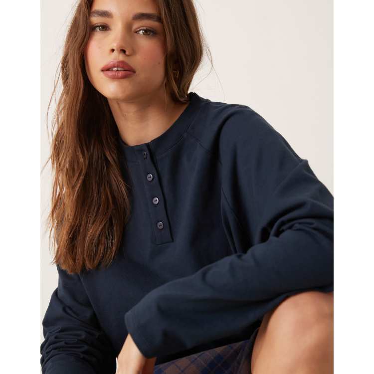 ASOS DESIGN – Schweres Oversize-Oberteil in Marineblau mit Henley