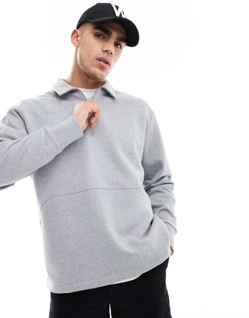ASOS DESIGN – Schweres Oversize-Polo-Sweatshirt in Grau meliert mit kurzem Reißverschluss
