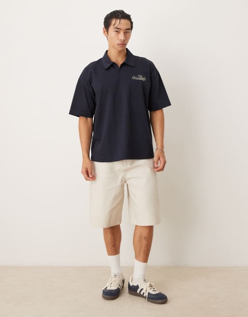 ASOS DESIGN – Schweres Oversize-Polohemd in Marineblau mit Stickerei auf der Brust, 2 von 4