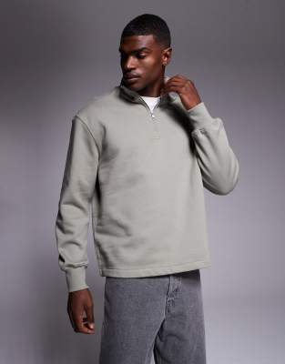 Schweres Oversize-Sweatshirt in Khaki mit kurzem Reißverschluss und fixiertem Saum-Grün Grün S