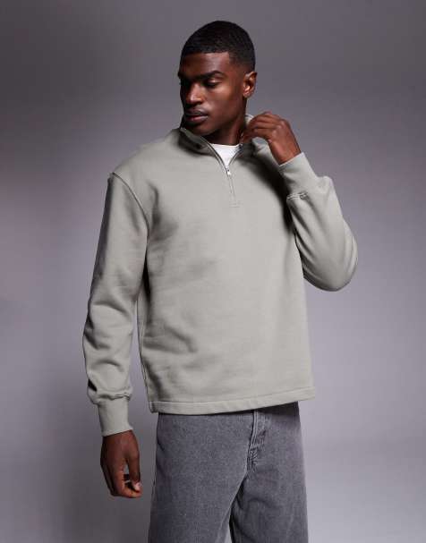 ASOS DESIGN – Schweres Oversize-Sweatshirt in Khaki mit kurzem Reißverschluss und fixiertem Saum - view 1