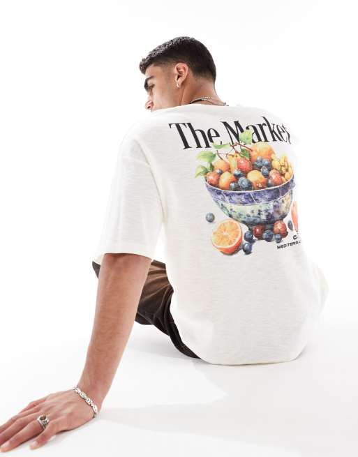 ASOS DESIGN – Schweres Oversize-T-Shirt aus strukturiertem Stoff in Off-Ecru mit Fruchtgrafik auf der Rückseite
