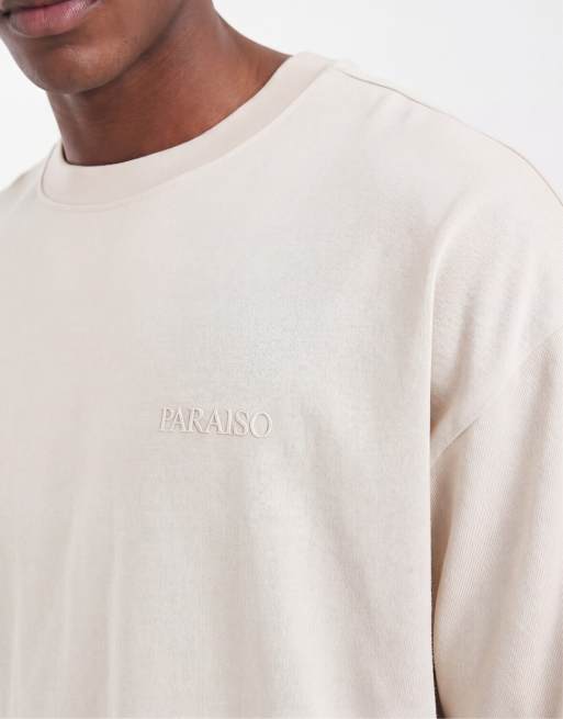 ASOS DESIGN – Schweres Oversize-T-Shirt in Beige mit Text-Grafikprint, Kombiteil, 3 von 5