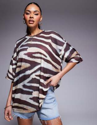 ASOS DESIGN - Schweres Oversize-T-Shirt in Buttermilchgelb mit Zebraprint