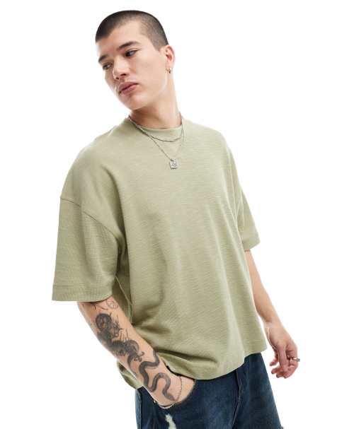 ASOS DESIGN – Schweres Oversize-T-Shirt in Khaki mit Struktur - view 1