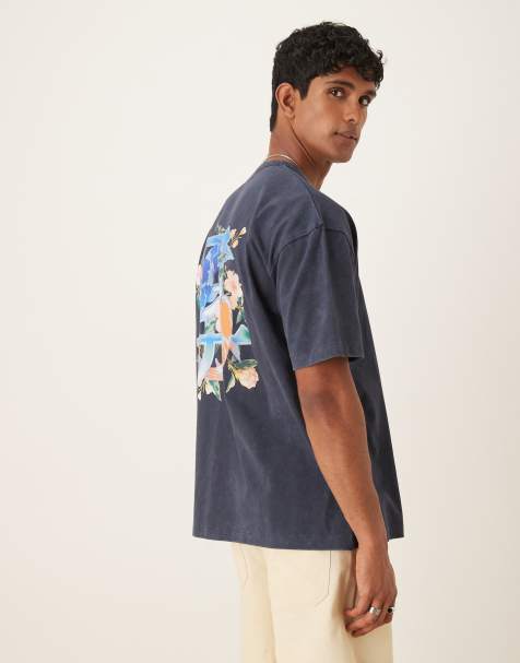 ASOS DESIGN – Schweres Oversize-T-Shirt in verwaschenem Marineblau mit Souvenir-Print, 220 g/m² - view 1