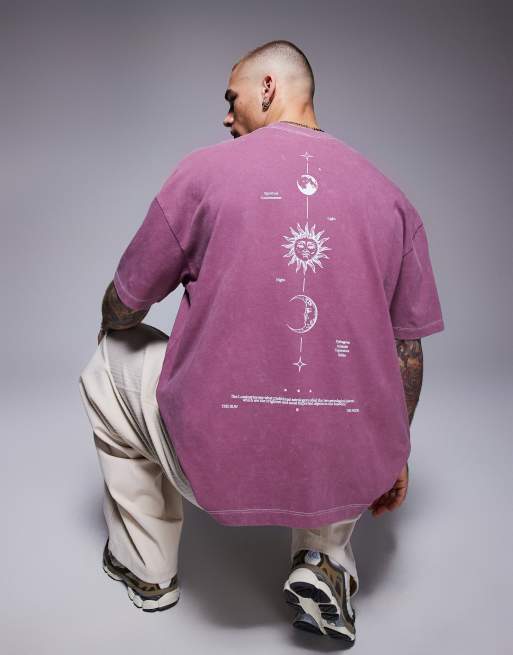ASOS DESIGN – Schweres Oversize-T-Shirt in verwaschenem Rosa mit Himmelskörper-Print entlang der Wirbelsäule, 220 g/m²