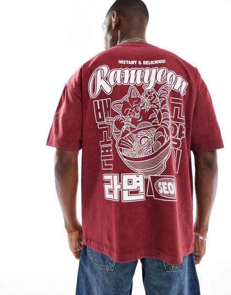 ASOS DESIGN – Schweres Oversize-T-Shirt in verwaschenem Rot mit Souvenir-Print auf Vorder- und Rückseite - view 1