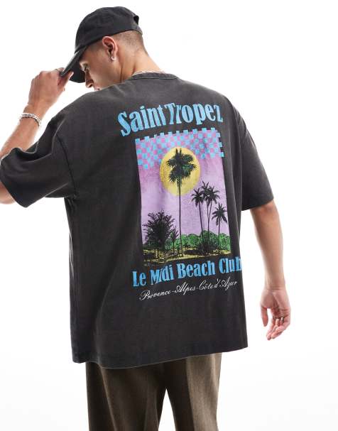 ASOS DESIGN – Schweres Oversize-T-Shirt in verwaschenem Schwarz mit „Beach“-Rückenprint, 220 g/m² - view 1
