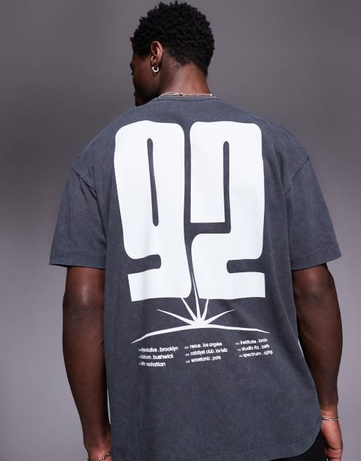 ASOS DESIGN – Schweres Oversize-T-Shirt in verwaschenem Schwarz mit Sport-Print, 220 g/m²