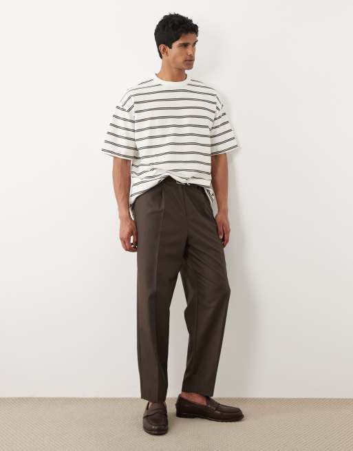 ASOS DESIGN – Schweres Oversize-T-Shirt mit Streifen in Wollweiß und Braun, 2 von 5