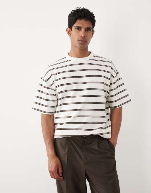 ASOS DESIGN – Schweres Oversize-T-Shirt mit Streifen in Wollweiß und Braun, 3 von 5