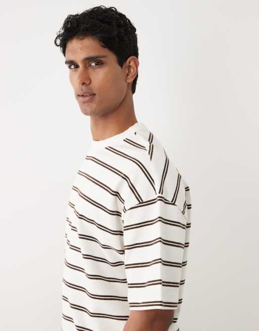 ASOS DESIGN – Schweres Oversize-T-Shirt mit Streifen in Wollweiß und Braun, 4 von 5