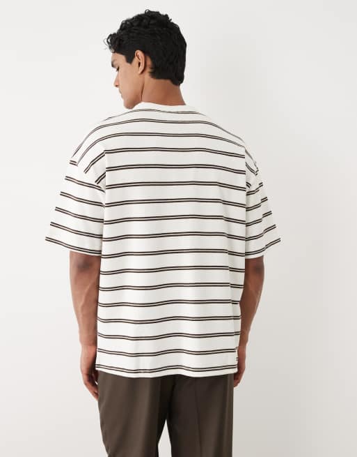 ASOS DESIGN – Schweres Oversize-T-Shirt mit Streifen in Wollweiß und Braun, 5 von 5