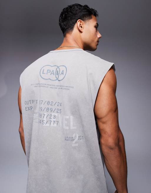 ASOS DESIGN – Schweres Oversize-Tanktop in verwaschenem Beige mit Text-Grafik, 220 g/m²