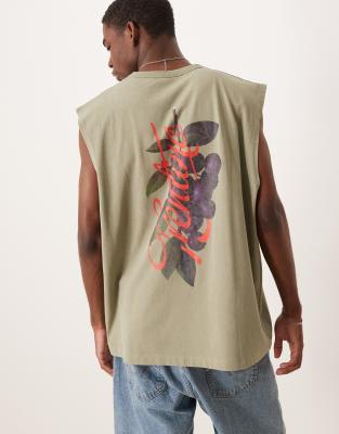 ASOS DESIGN – Schweres Oversize-Tanktop in verwaschenem Khaki mit Obst-Grafikprint - view 1