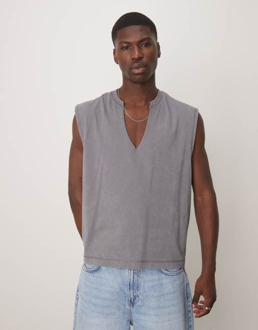 ASOS DESIGN – Schweres Oversize-Trägertop verwaschenem Grau mit V-Ausschnitt, 220 g/m²