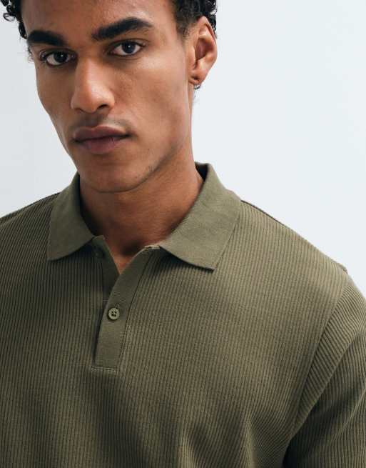 ASOS DESIGN schweres Polo mit regulärer Passform in Khaki-Struktur, 3 von 5