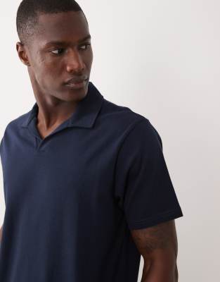 Schweres Regular-Fit-Polohemd in Marineblau mit eingekerbtem Ausschnitt-Navy Navy XL