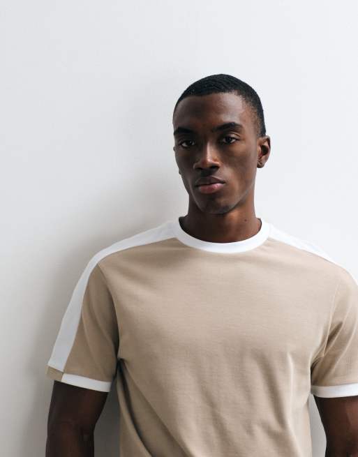 ASOS DESIGN – Schweres Regular-Fit-T-Shirt in Beige mit Kontrasteinsatz, 2 von 5