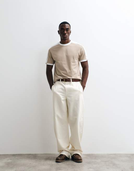 ASOS DESIGN – Schweres Regular-Fit-T-Shirt in Beige mit Kontrasteinsatz, 3 von 5