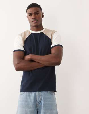 Schweres Regular-Fit-T-Shirt in Marineblau mit Raglanärmeln und Kontrasteinsätzen-Navy Navy 2XL