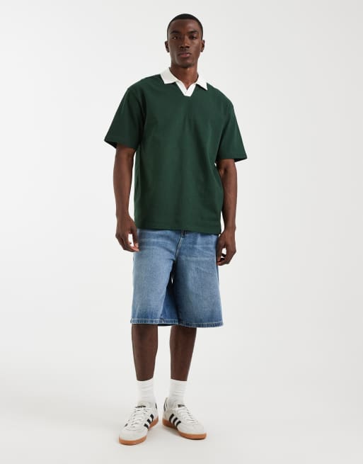 ASOS DESIGN – Schweres Relaxed-Fit-Polohemd in Dunkelgrün mit Kontrastkragen, 4 von 5