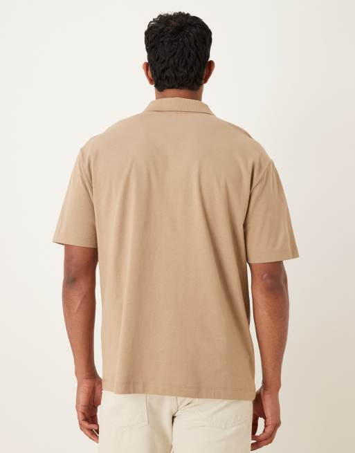 ASOS DESIGN – Schweres Relaxed-Fit-Polohemd in Graubeige mit Printdetail, 240 g/m², 3 von 5