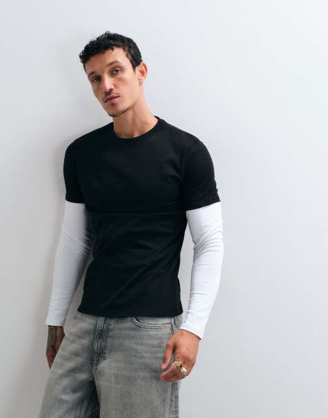 ASOS DESIGN schweres Slim-Fit Langarm-T-Shirt mit doppelter Lage in Schwarz und Weiß - view 1
