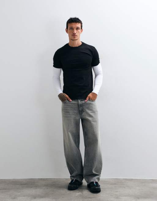 ASOS DESIGN schweres Slim-Fit Langarm-T-Shirt mit doppelter Lage in Schwarz und Weiß, 2 von 5