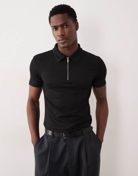 ASOS DESIGN – Schweres, strukturiertes Muskelhemd in Schwarz mit Polokragen - view 1