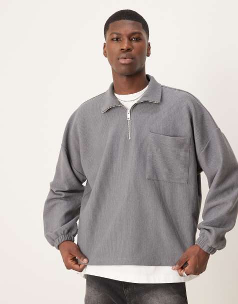 ASOS DESIGN – Schweres Sweatshirt in geripptem Grau mit Stehkragen, Reißverschluss und kastigem Oversize-Schnitt - view 1