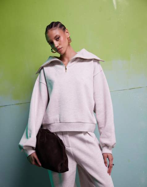 ASOS DESIGN – Schweres Sweatshirt in Hellbeige mit kurzem Reißverschluss, Kombiteil - view 1