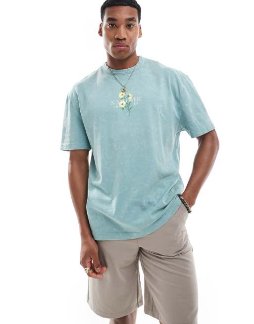 ASOS DESIGN – Schweres T-Shirt in Grün mit Blumenprint auf der Brust in lockerer Passform 