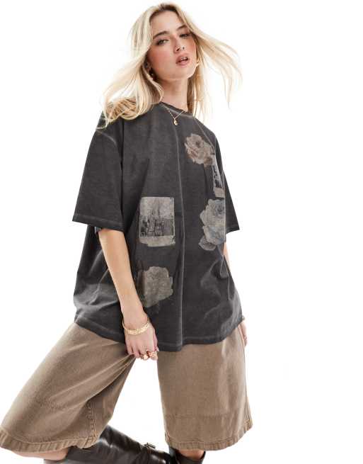 ASOS DESIGN – Schweres T-Shirt in verwaschenem Anthrazit mit Blumen- und New-York-Polaroid-Grafikprint und Boyfriend-Schnitt