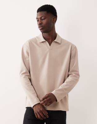 Schweres, weiches, langärmliges Polohemd in Beige mit Reverskragen in lockerer Passform-Neutral Neutral 2XL