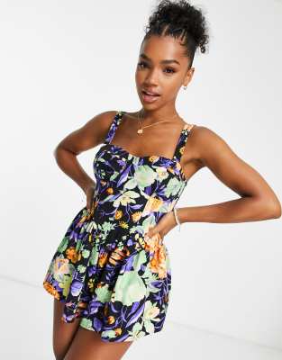 ASOS DESIGN - Schwingender Twill-Playsuit mit Korsettdetail und Blumenmuster-Bunt