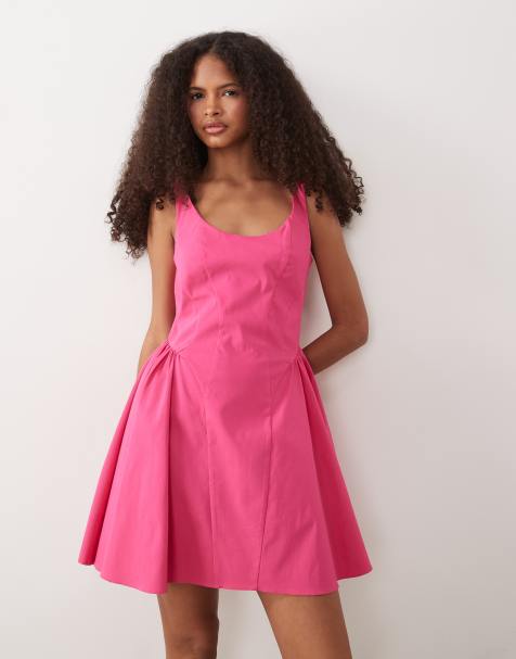ASOS DESIGN – Schwingendes Minikleid aus Bengaline in Rosa mit Struktur und U-Ausschnitt - view 1