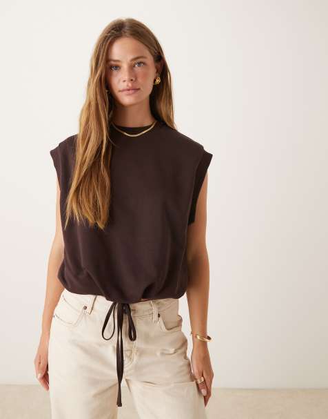 ASOS DESIGN bubble hem co ord sweat top with drawstring detail in dark brown