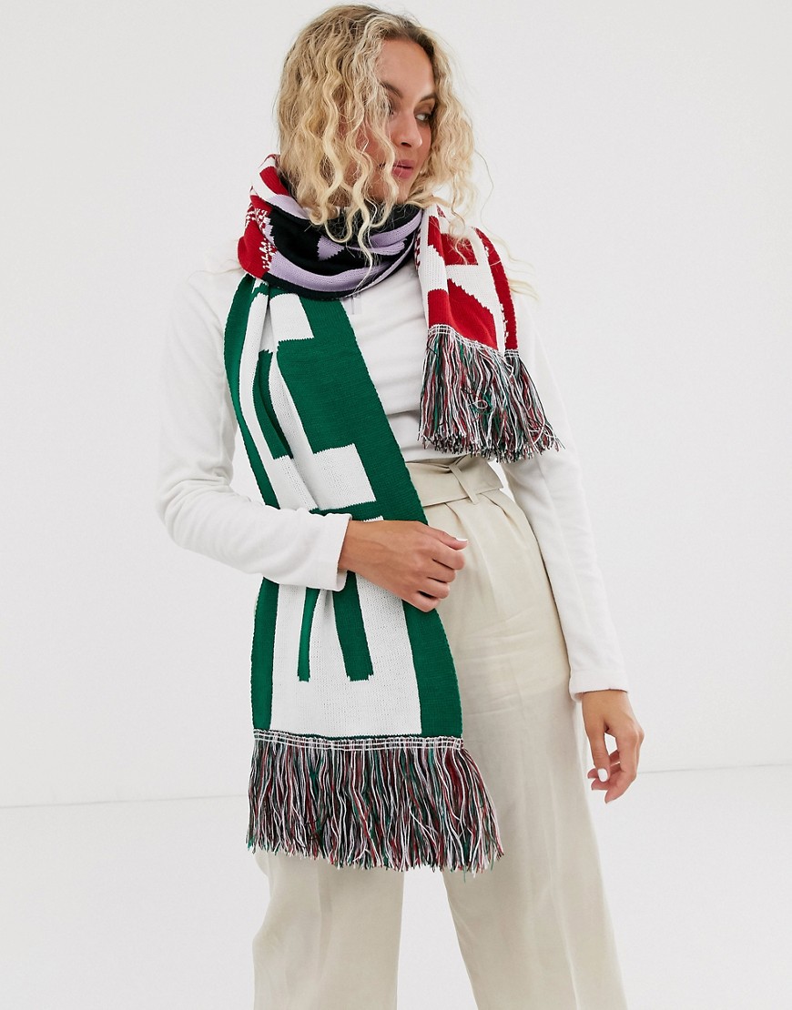 ASOS DESIGN - Sciarpa in maglia con logo e nappe-Multicolore